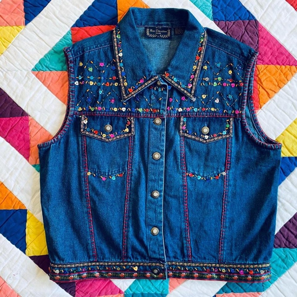 Colorful Embroidered Denim Vest